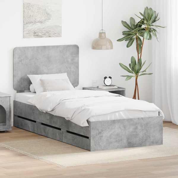 Sahtlitega voodiraam peatsiga, betoonhall, 90 × 200 cm — mudel 3412633