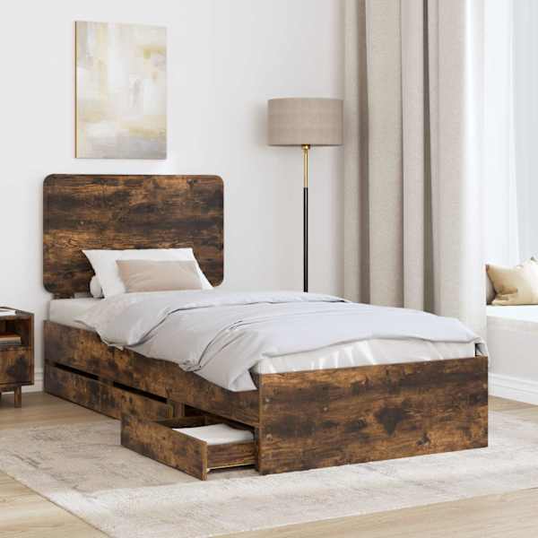 Sahtlitega voodiraam peatsiga, suitsutatud tamm, 90 × 200 cm — mudel 3412634