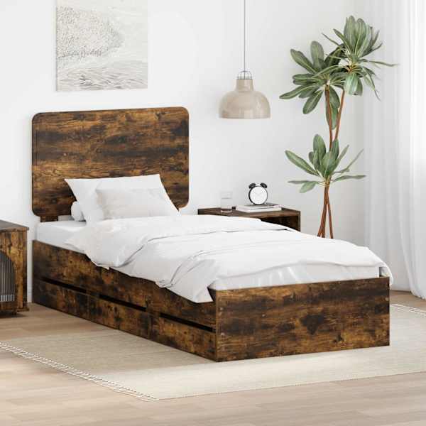 Sahtlitega voodiraam peatsiga, suitsutatud tamm, 75 × 190 cm — mudel 3412648