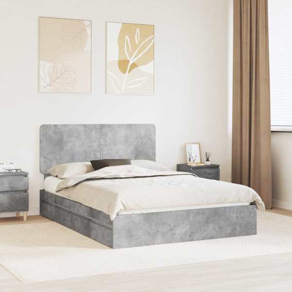 Sahtlitega voodiraam peatsiga, betoonhall, 150 × 200 cm, tehispuit — mudel 3412675