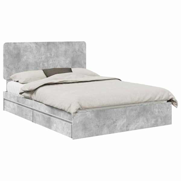 Sahtlitega voodiraam peatsiga, betoonhall, 150 × 200 cm, tehispuit — mudel 3412675