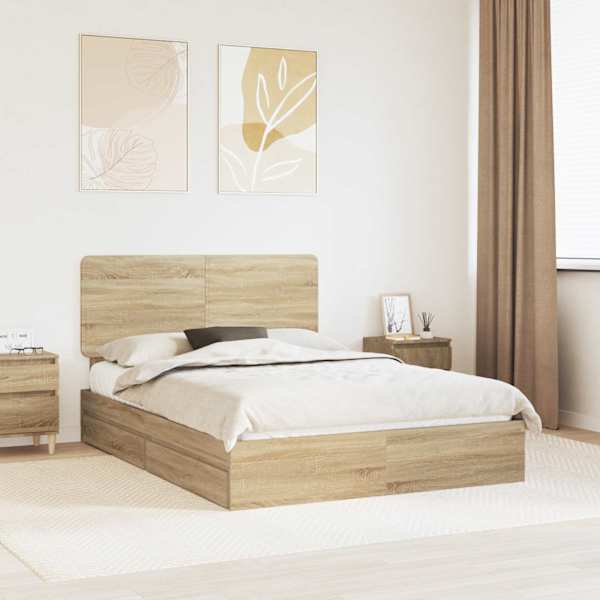 Sahtlitega voodiraam peatsiga, sonoma tamm, 140 × 200 cm, tehispuit — mudel 3412681