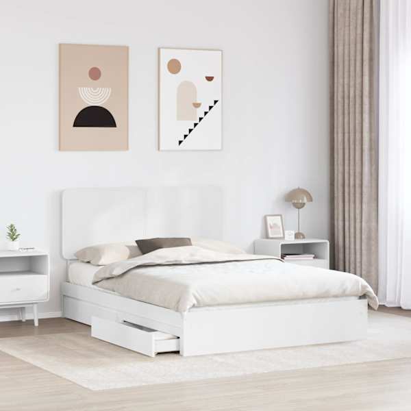 Sahtlitega voodiraam peatsiga, valge, 140 × 190 cm, tehispuit — mudel 3412686
