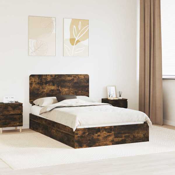 Sahtlitega voodiraam peatsiga, suitsutatud tamm, 135 × 190 cm, tehispuit — mudel 3412697