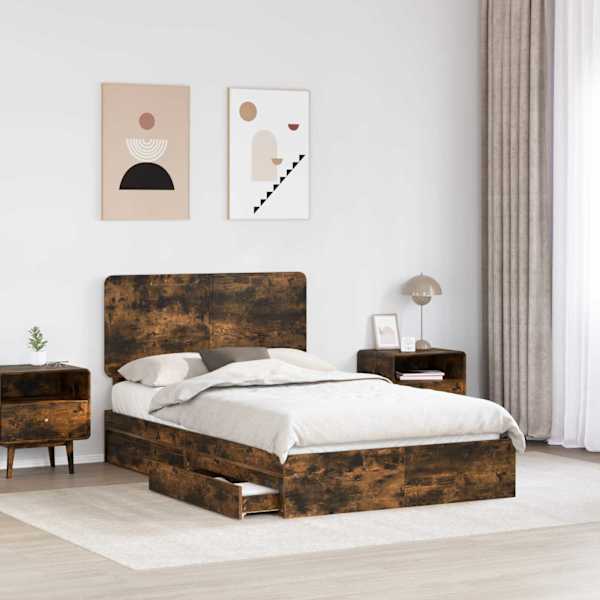 Sahtlitega voodiraam peatsiga, suitsutatud tamm, 135 × 190 cm, tehispuit — mudel 3412697