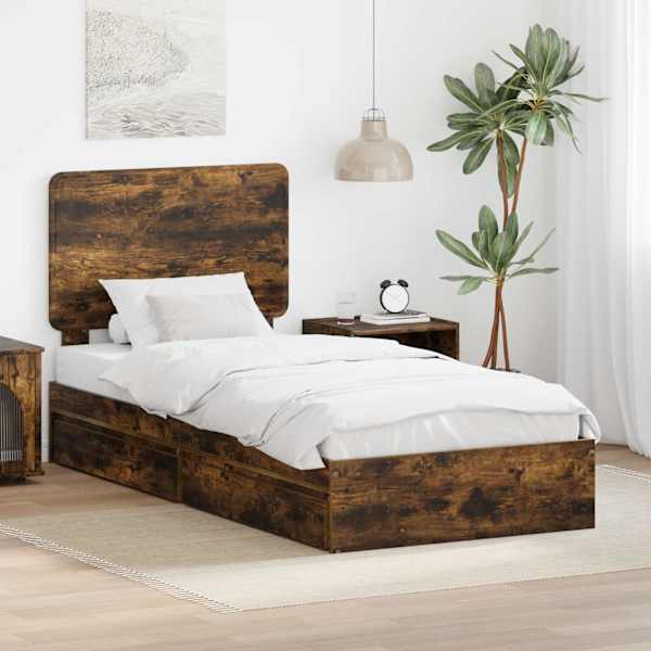 Sahtlitega voodiraam peatsiga, suitsutatud tamm, 90 × 200 cm, tehispuit — mudel 3412725