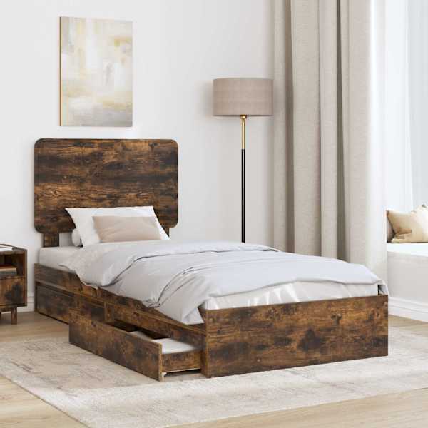 Sahtlitega voodiraam peatsiga, suitsutatud tamm, 90 × 200 cm, tehispuit — mudel 3412725