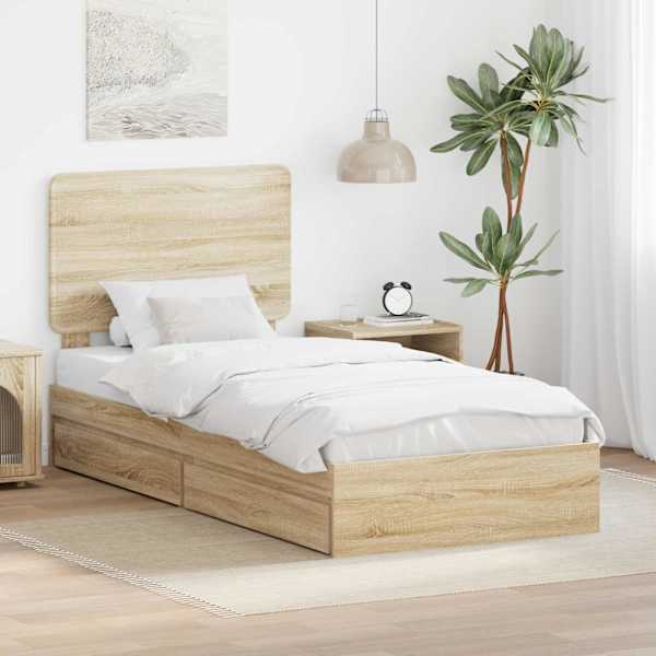 Sahtlitega voodiraam peatsiga, sonoma tamm, 90 × 190 cm, tehispuit — mudel 3412730