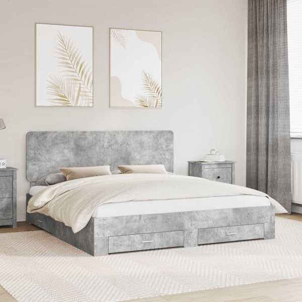 Sahtlitega voodiraam peatsiga, betoonhall, 180 × 200 cm, tehispuit — mudel 3412752