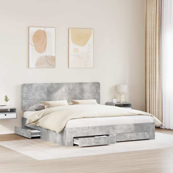 Sahtlitega voodiraam peatsiga, betoonhall, 180 × 200 cm, tehispuit — mudel 3412752