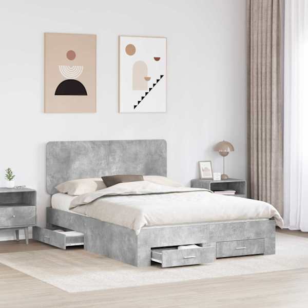 Sahtlitega voodiraam peatsiga, betoonhall, 160 × 200 cm, tehispuit — mudel 3412761