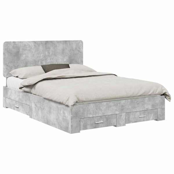 Sahtlitega voodiraam peatsiga, betoonhall, 140 × 200 cm, tehispuit — mudel 3412777