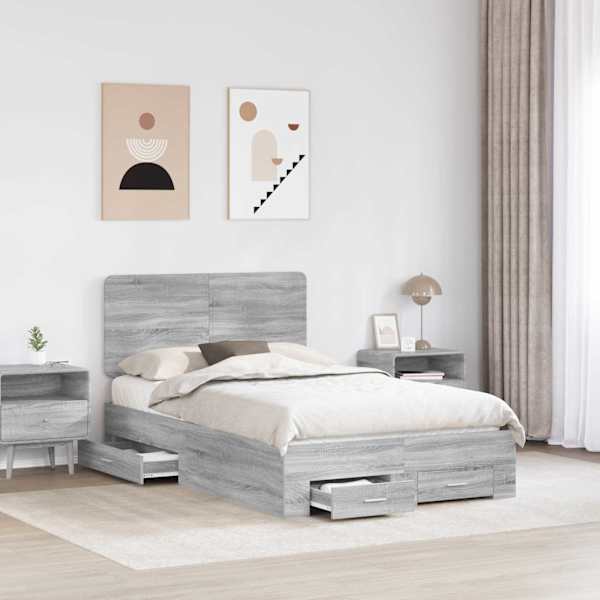 Sahtlitega voodiraam peatsiga, hall sonoma, 120 × 200 cm, tehispuit — mudel 3412806