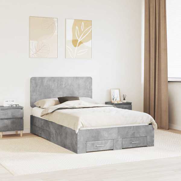 Sahtlitega voodiraam peatsiga, betoonhall, 120 × 190 cm, tehispuit — mudel 3412813
