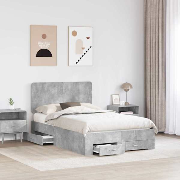 Sahtlitega voodiraam peatsiga, betoonhall, 120 × 190 cm, tehispuit — mudel 3412813