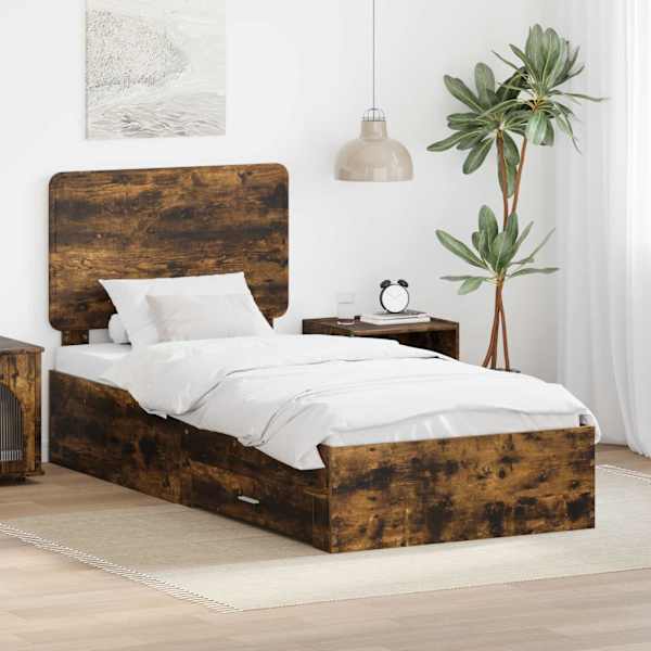 Sahtlitega voodiraam peatsiga, suitsutatud tamm, 100 × 200 cm, tehispuit — mudel 3412823