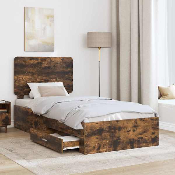 Sahtlitega voodiraam peatsiga, suitsutatud tamm, 100 × 200 cm, tehispuit — mudel 3412823