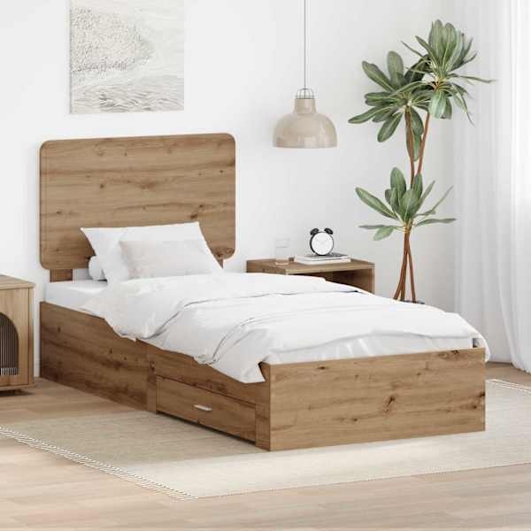 Sahtlitega voodiraam peatsiga, Artisan tamm, 90 × 200 cm, tehispuit — mudel 3412836