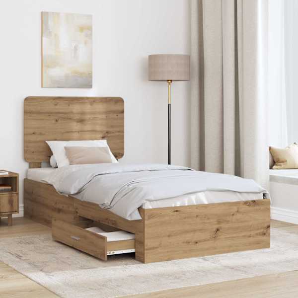 Sahtlitega voodiraam peatsiga, Artisan tamm, 90 × 200 cm, tehispuit — mudel 3412836
