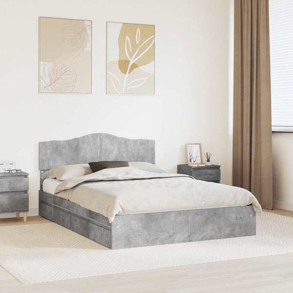 Sahtlitega voodiraam peatsiga, betoonhall, 150 × 200 cm, tehispuit — mudel 3413085