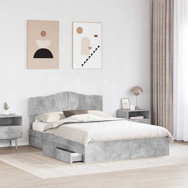 Sahtlitega voodiraam peatsiga, betoonhall, 150 × 200 cm, tehispuit — mudel 3413085