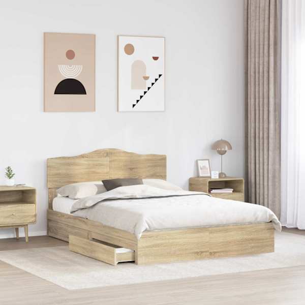 Sahtlitega voodiraam peatsiga, sonoma tamm, 140 × 200 cm, tehispuit — mudel 3413091