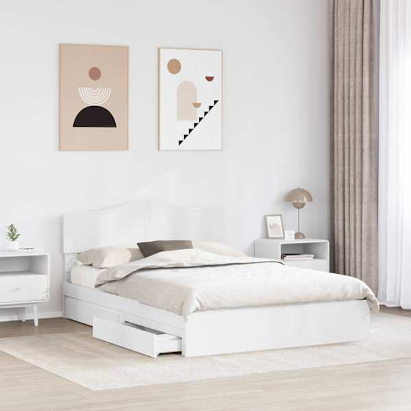Sahtlitega voodiraam peatsiga, valge, 140 × 190 cm, tehispuit — mudel 3413096