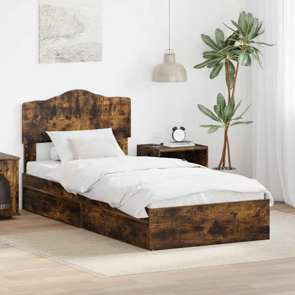Sahtlitega voodiraam peatsiga, suitsutatud tamm, 100 × 200 cm, tehispuit — mudel 3413128