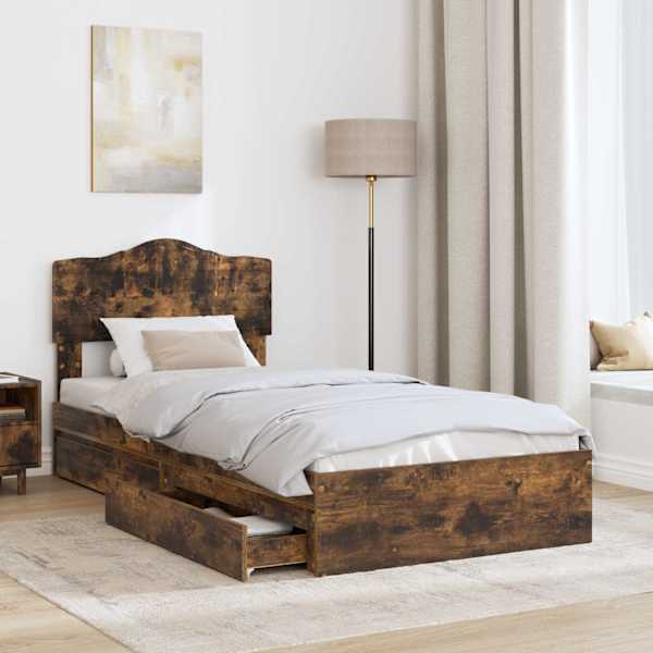 Sahtlitega voodiraam peatsiga, suitsutatud tamm, 100 × 200 cm, tehispuit — mudel 3413128
