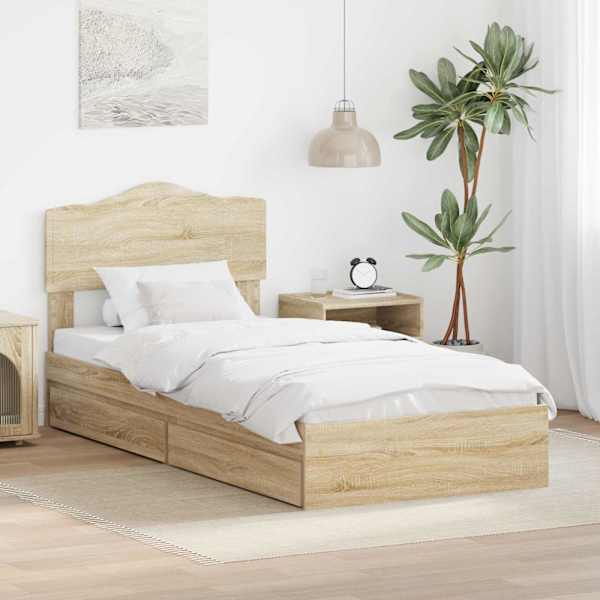 Sahtlitega voodiraam peatsiga, sonoma tamm, 90 × 190 cm, tehispuit — mudel 3413140
