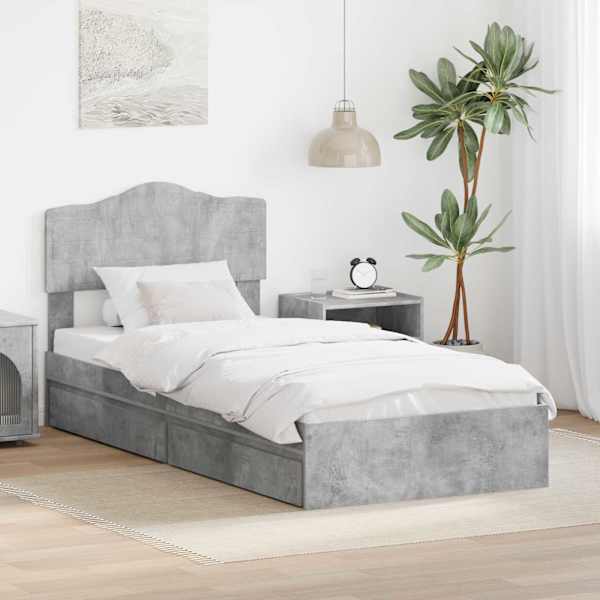 Sahtlitega voodiraam peatsiga, betoonhall, 90 × 190 cm, tehispuit — mudel 3413141