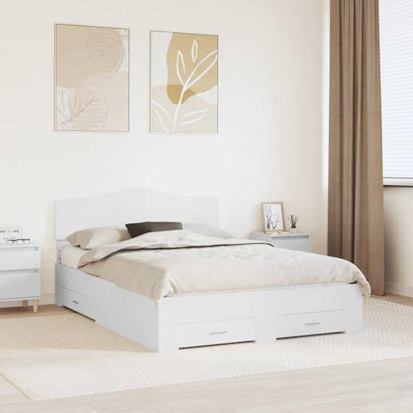 Sahtlitega voodiraam peatsiga, valge, 160 × 200 cm, tehispuit — mudel 3413168