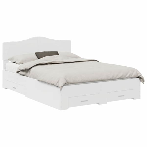 Sahtlitega voodiraam peatsiga, valge, 160 × 200 cm, tehispuit — mudel 3413168