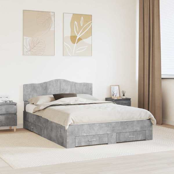 Sahtlitega voodiraam peatsiga, betoonhall, 160 × 200 cm, tehispuit — mudel 3413171