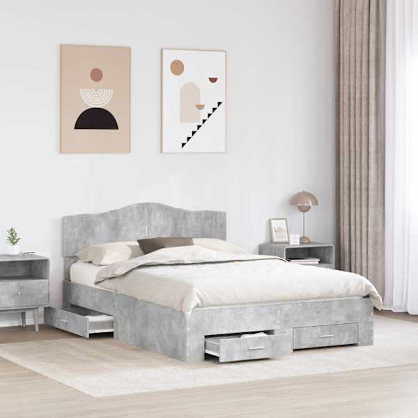 Sahtlitega voodiraam peatsiga, betoonhall, 160 × 200 cm, tehispuit — mudel 3413171