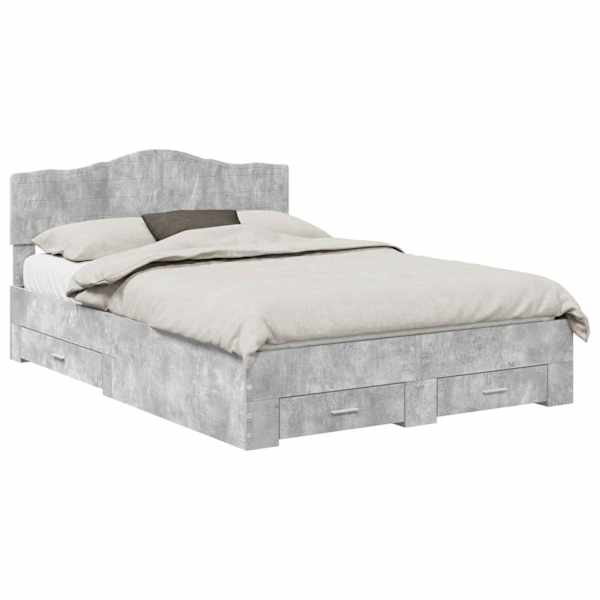 Sahtlitega voodiraam peatsiga, betoonhall, 160 × 200 cm, tehispuit — mudel 3413171