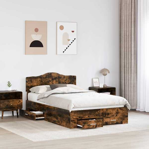 Voodiraam peatsiga, suitsutatud tamm, 135 × 190 cm, tehispuit — mudel 3413206