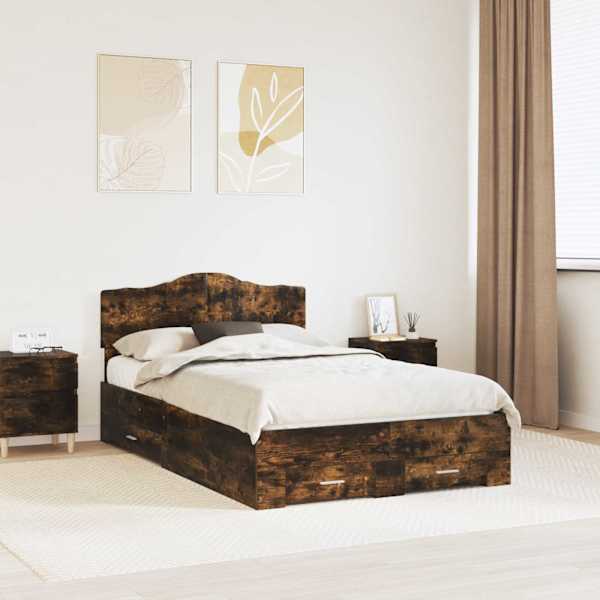 Sahtlitega voodiraam peatsiga, suitsutatud tamm, 120 × 190 cm, tehispuit — mudel 3413224