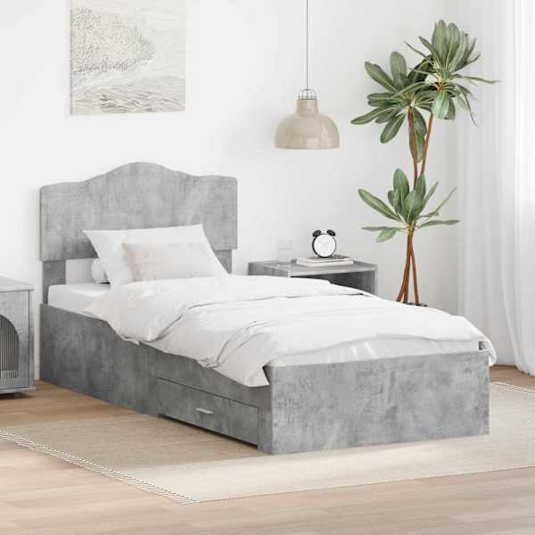 Sahtlitega voodiraam peatsiga, betoonhall, 100 × 200 cm, tehispuit — mudel 3413232