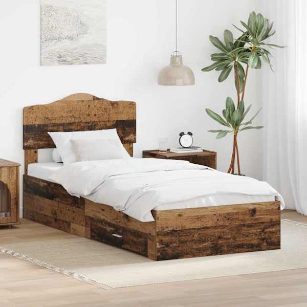Sahtlitega voodiraam peatsiga, vana puit, 100 × 200 cm, tehispuit — mudel 3413236