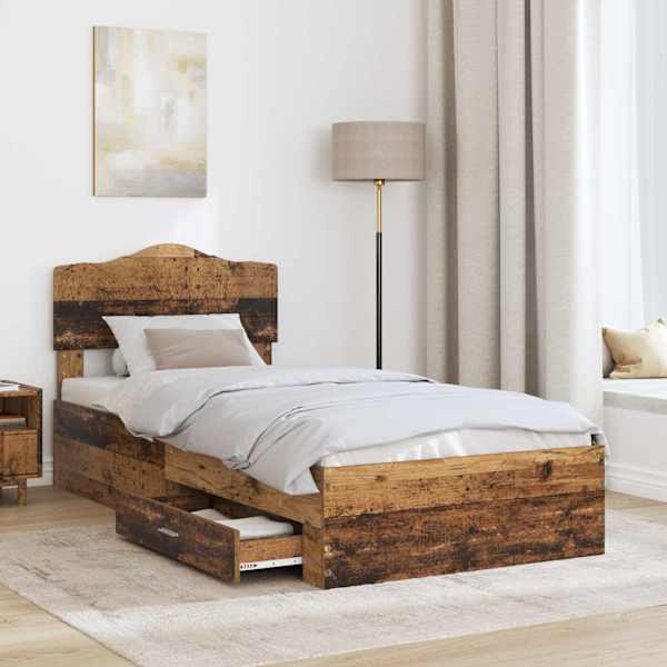 Sahtlitega voodiraam peatsiga, vana puit, 100 × 200 cm, tehispuit — mudel 3413236