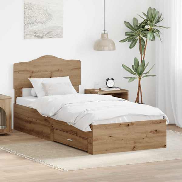 Sahtlitega voodiraam peatsiga, Artisan tamm, 100 × 200 cm, tehispuit — mudel 3413237