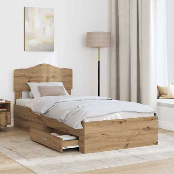 Sahtlitega voodiraam peatsiga, Artisan tamm, 100 × 200 cm, tehispuit — mudel 3413237