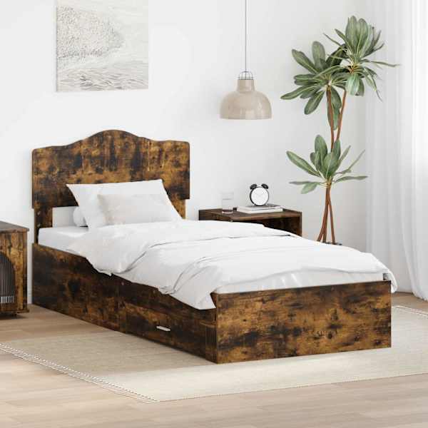 Sahtlitega voodiraam peatsiga, suitsutatud tamm, 90 × 190 cm, tehispuit — mudel 3413251