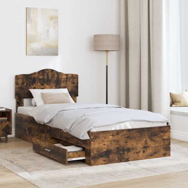 Sahtlitega voodiraam peatsiga, suitsutatud tamm, 90 × 190 cm, tehispuit — mudel 3413251