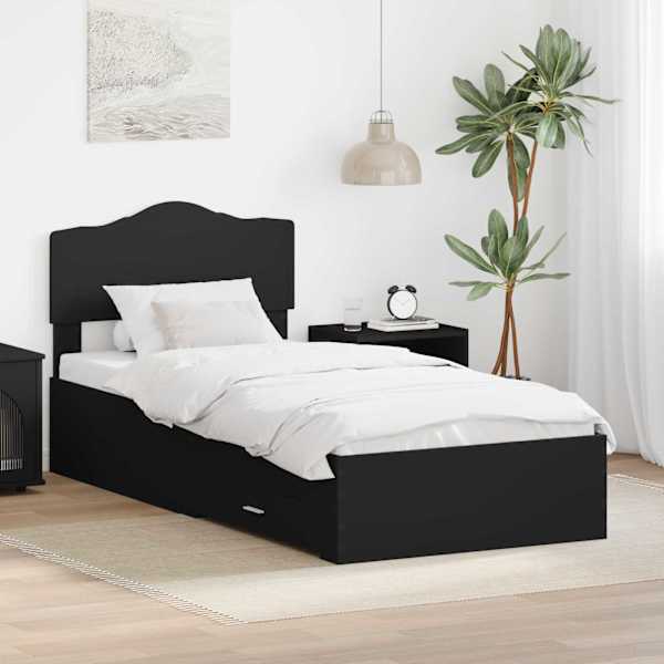 Sahtlitega voodiraam peatsiga, must, 70 × 190 cm, tehispuit — mudel 3413257