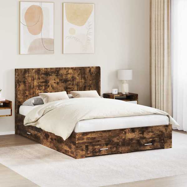 Panipaigaga voodiraam peatsiga, suitsutatud tamm, 140 × 200 cm — mudel 3414105