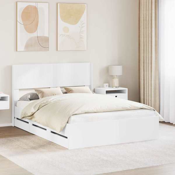 Sahtlitega voodiraam peatsiga, valge, 150 × 200 cm — mudel 3414293