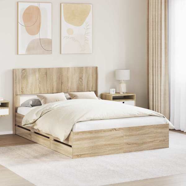 Sahtlitega voodiraam peatsiga, sonoma tamm, 150 × 200 cm — mudel 3414295