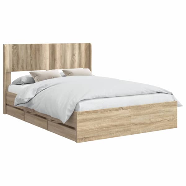 Sahtlitega voodiraam peatsiga, sonoma tamm, 150 × 200 cm — mudel 3414295